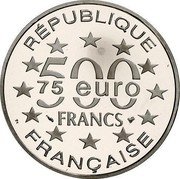 France 500 Francs-75 Euro Hotel de Ville. Stockholm 1997 Proof KM# 1194a RÉPUBLIQUE 500 FRANCS 75 EURO FRANÇAISE coin obverse France 500 Francs-75 Euro Hotel de Ville. Stockholm 1997 Proof KM# 1194a RÉPUBLIQUE 500 FRANCS 75 EURO FRANÇAISE coin obverse