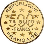 France 500 Francs-75 Euro Ireland. Rock of Cashel 1997 Proof KM# 1190 RÉPUBLIQUE 500 FRANCS 75 EURO FRANÇAISE coin obverse France 500 Francs-75 Euro Ireland. Rock of Cashel 1997 Proof KM# 1190 RÉPUBLIQUE 500 FRANCS 75 EURO FRANÇAISE coin obverse