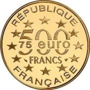 France 500 Francs-75 Euro Little Mermaid statue in Copenhagen 1997 Proof KM# 1179 RÉPUBLIQUE FRANÇAISE 500 FRANCS 75 EURO coin obverse France 500 Francs-75 Euro Little Mermaid statue in Copenhagen 1997 Proof KM# 1179 RÉPUBLIQUE FRANÇAISE 500 FRANCS 75 EURO coin obverse