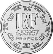 France 6.55957 Francs Last Year of French Franc 2001 KM# 1265.1 BELGIQUE / BELGIË 40,3399 IRELAND 0,787564 DEUTSCHLAND 1,95583 ITALIA 1936,27 LUXEMBOURG 40,3399 SUOMI 5,64573 NEDERLAND 2,20371 ESPAÑA 166,386 ÖSTERREICH 13,7603 FRANCE 6,55957 PORTUGAL 200,482 HELLAS 340,750 RF 6,55957 FRANCS coin obverse