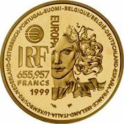 France 655.957 Francs Greek and Roman Art 1999 Proof KM# 1247 BELGIQUE/BELGIË-DEUTSCHLAND-ESPAÑA-FRANCE-IRELAND-ITALIA-LUXEMBOURG-NEDERLAND-ÖSTERREICH-PORTUGAL-SUOMI- EUROPA € RF 655,957 FRANCS 1999 coin obverse
