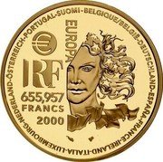 France 655.957 Francs European Art Styles. Modern 2000 Proof KM# 1253 BELGIQUE/BELGIË-DEUTSCHLAND-ESPAÑA-FRANCE-IRELAND-ITALIA-LUXEMBOURG-NEDERLAND-ÖSTERREICH-PORTUGAL-SUOMI- EUROPA € RF 655,957 FRANCS 2000 coin obverse France 655.957 Francs European Art Styles. Modern 2000 Proof KM# 1253 BELGIQUE/BELGIË-DEUTSCHLAND-ESPAÑA-FRANCE-IRELAND-ITALIA-LUXEMBOURG-NEDERLAND-ÖSTERREICH-PORTUGAL-SUOMI- EUROPA € RF 655,957 FRANCS 2000 coin obverse