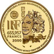 France 655.957 Francs European Art Styles. Nouveau 2000 Proof KM# 1252 BELGIQUE/BELGIË-DEUTSCHLAND-ESPAÑA-FRANCE-IRELAND-ITALIA-LUXEMBOURG-NEDERLAND-ÖSTERREICH-PORTUGAL-SUOMI- EUROPA € RF 655,957 FRANCS 2000 coin obverse France 655.957 Francs European Art Styles. Nouveau 2000 Proof KM# 1252 BELGIQUE/BELGIË-DEUTSCHLAND-ESPAÑA-FRANCE-IRELAND-ITALIA-LUXEMBOURG-NEDERLAND-ÖSTERREICH-PORTUGAL-SUOMI- EUROPA € RF 655,957 FRANCS 2000 coin obverse