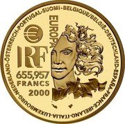 France 655.957 Francs European Art Styles. Classical and Baroque 2000 Proof KM# 1251 BELGIQUE/BELGIË-DEUTSCHLAND-ESPAÑA-FRANCE-IRELAND-ITALIA-LUXEMBOURG-NEDERLAND-ÖSTERREICH-PORTUGAL-SUOMI- EUROPA € RF 655,957 FRANCS 2000 coin obverse France 655.957 Francs European Art Styles. Classical and Baroque 2000 Proof KM# 1251 BELGIQUE/BELGIË-DEUTSCHLAND-ESPAÑA-FRANCE-IRELAND-ITALIA-LUXEMBOURG-NEDERLAND-ÖSTERREICH-PORTUGAL-SUOMI- EUROPA € RF 655,957 FRANCS 2000 coin obverse