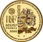 France 655.957 Francs European Art Styles. Renaissance 2000 Proof KM# 1250 BELGIQUE/BELGIË-DEUTSCHLAND-ESPAÑA-FRANCE-IRELAND-ITALIA-LUXEMBOURG-NEDERLAND-ÖSTERREICH-PORTUGAL-SUOMI- EUROPA € RF 655,957 FRANCS 2000 coin obverse