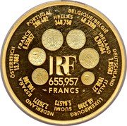 France 655.957 Francs Europa. Large module 2001 Proof KM# 1267.1 BELGIQUE/BELGIË 40,3399 IRELAND 0.787564 DEUTSCHLAND 1,95583 ITALIA 1936,27 LUXEMBOURG 40,3399 SUOMI 5,64573 NEDERLAND 2,20371 ESPAÑA 166,386 ÖSTERREICH 13,7603 FRANCE 6,55957 PORTUGAL 200,482 HELLAS 340,750 LIBERTÉ ÉGALITÉ FRATERNITÉ R F 19 99 J. JIMENEZ LIBERTÉ ÉGALITÉ FRATERNITÉ R F 19 99 J. JIMENEZ RF 1999 L. JORIO D'AP. O. ROTY RF 1999 F. COURTIADE RF RF 1999 L. JORIO D'AP. O. ROTY RF 1999 F. COURTIADE 655,957 FRANCS coin obverse