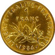 France 1 Franc Piedfort. 1984 KM# P905 LIBERTE EGALITE FRATERNITE 1 FRANC 1984 coin reverse