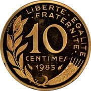 France 10 Centimes Piedfort. 1985 KM# P934 LIBERTE EGALITE FRATERNITE 10 CENTIMES 1985 A. DIEUDONNE coin reverse France 10 Centimes Piedfort. 1985 KM# P934 LIBERTE EGALITE FRATERNITE 10 CENTIMES 1985 A. DIEUDONNE coin reverse