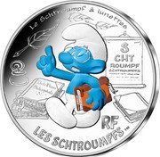 France 10 Euro (Brainy Smurf) KM# 2866 LE SCHTROUPMF À LUNETTES RF LES SCHTROUMPFS TM DE LA PIERRE PHILOSOPHALE S CHT ROUMPF SCHTROUMPFS coin reverse France 10 Euro (Brainy Smurf) KM# 2866 LE SCHTROUPMF À LUNETTES RF LES SCHTROUMPFS TM DE LA PIERRE PHILOSOPHALE S CHT ROUMPF SCHTROUMPFS coin reverse