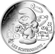 France 10 Euro (The Doctor Smurf) KM# 2855 LE SCHTROUMPF DOCTEUR RF LES SCHTROUMPFS TM coin reverse France 10 Euro (The Doctor Smurf) KM# 2855 LE SCHTROUMPF DOCTEUR RF LES SCHTROUMPFS TM coin reverse