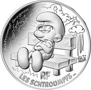 France 10 Euro (The Grouchy Smurf) KM# 2856 LE SCHTROUMPF GROGNON RF LES SCHTROUPMFS TM coin reverse France 10 Euro (The Grouchy Smurf) KM# 2856 LE SCHTROUMPF GROGNON RF LES SCHTROUPMFS TM coin reverse