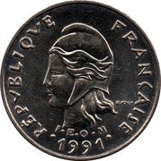 France 10 Francs (Marianne. New Caledonia) KM# 11 RÉPUBLIQUE FRANÇAISE R JOLY I E O M 1991 coin obverse France 10 Francs (Marianne. New Caledonia) KM# 11 RÉPUBLIQUE FRANÇAISE R JOLY I E O M 1991 coin obverse