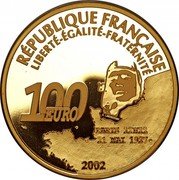 France 100 Euro 75th Anniversary of Lindbergh's Flight 2002 Proof KM# 1985 RÉPUBLIQUE FRANÇAISE LIBERTÉ-FRATERNITÉ-ÉGALITÉ 100 EURO C.LINDBERGH PARIS 22H22 21 MAI 1927. 2002 coin obverse