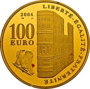 France 100 Euro 200th Anniversary of the Coronation of Napoleon I 2004 Proof KM# 2012 LIBERTÉ - ÉGALITÉ - FRATERNITÉ 2004 100 EURO CODE CIVIL RF 1804 2004 coin reverse