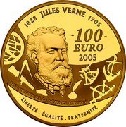 France 100 Euro From the Earth to the Moon 2005 Proof KM# 2035 1828 JULES VERNE 1905 100 EURO 2005 PRÉCURSEUR DE LA SCIENCE FICTION LIBERTÉ. ÉGALITÉ. FRATERNITÉ coin reverse France 100 Euro From the Earth to the Moon 2005 Proof KM# 2035 1828 JULES VERNE 1905 100 EURO 2005 PRÉCURSEUR DE LA SCIENCE FICTION LIBERTÉ. ÉGALITÉ. FRATERNITÉ coin reverse