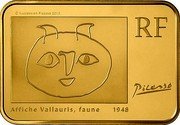 France 100 Euro Pablo Picasso 2010 Proof KM# 1711 © SUCCESSION PICASSO 2010 RF PICASSO AFFICHE VALLAURIS, FAUNE 1948 coin obverse France 100 Euro Pablo Picasso 2010 Proof KM# 1711 © SUCCESSION PICASSO 2010 RF PICASSO AFFICHE VALLAURIS, FAUNE 1948 coin obverse