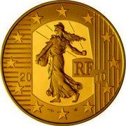 France 100 Euro The Sower. 50 Years of the New Franc 2010 Proof KM# 1672 RF 20 10 coin obverse France 100 Euro The Sower. 50 Years of the New Franc 2010 Proof KM# 1672 RF 20 10 coin obverse