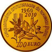 France 100 Euro The Sower. 50 Years of the New Franc 2010 Proof KM# 1672 CINQUANTIÈME ANNIVERSAIRE DU NOUVEAU FRANC 1960 2010 100 EURO coin reverse France 100 Euro The Sower. 50 Years of the New Franc 2010 Proof KM# 1672 CINQUANTIÈME ANNIVERSAIRE DU NOUVEAU FRANC 1960 2010 100 EURO coin reverse