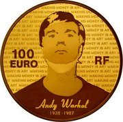 France 100 Euro Andy Warhol 2011 Proof KM# 1824 MAKING MONEY IS ART 100 EURO RF ANDY WARHOL 1928 - 1987 coin obverse France 100 Euro Andy Warhol 2011 Proof KM# 1824 MAKING MONEY IS ART 100 EURO RF ANDY WARHOL 1928 - 1987 coin obverse