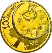 France 100 Euro Asterix and Obelix 2013 Proof KM# 1771 100 AV. JC - 2013 AP. JC 100 EURO RF coin obverse France 100 Euro Asterix and Obelix 2013 Proof KM# 1771 100 AV. JC - 2013 AP. JC 100 EURO RF coin obverse