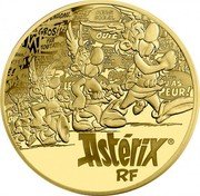 France 100 Euro Asterix 2019  Proof KM# 2826 ASTÉRIX® RF BREF: TU AS PEUR ! LES LE LES PAR UTATI IH MERCI OBÉLIX. OUÏE ! IL N'Y E PAS PO LE BOU CE QU MONDE RIS SA OTION IQUE ? NE UN HIR ! JE L'AI VU LE PREMIER ! GAUGAU... GROS PAR TOUTATIS ! N'Y EN AURA POUR TOUT E MONDE J'AI RRR ! HAHA ! É ! FF! GROS QUEL N OB coin obverse