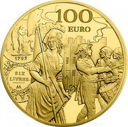 France 100 Euro (Ecu de 6 Livres) KM# 2535 100 EURO 1793 SIX LIVRES. AA coin reverse