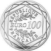 France 100 Euro Rooster. 3rd Type 2016  BU RÉPUBLIQUE EURO 100 FRANÇAISE coin obverse France 100 Euro Rooster. 3rd Type 2016  BU RÉPUBLIQUE EURO 100 FRANÇAISE coin obverse