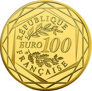 France 100 Euro (UEFA Euro in France) RÉPUBLIQUE FRANÇAISE EURO 100 coin obverse France 100 Euro (UEFA Euro in France) RÉPUBLIQUE FRANÇAISE EURO 100 coin obverse