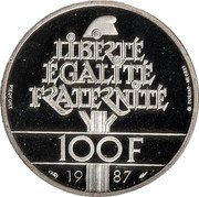 France 100 Francs La Fayette Piedfort 1987 (fr) BU KM# P991a LIBERTÉ ÉGALITÉ FRATERNITÉ 100F 19 87 DURAND-MEGRET coin reverse France 100 Francs La Fayette Piedfort 1987 (fr) BU KM# P991a LIBERTÉ ÉGALITÉ FRATERNITÉ 100F 19 87 DURAND-MEGRET coin reverse