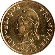 France 100 Francs (Marianne. New Caledonia) KM# 15a RÉPUBLIQUE FRANÇAISE R JOLY I E O M 2013 coin obverse
