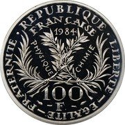 France 100 Francs (Piedfort 50th Anniversary - Death of Marie Curie) KM# P923 REPUBLIQUE FRANÇAISE LIBERTE-EGALITE-FRATERNITE 1984 PHYSIQUE CHIMIE 100 F coin obverse