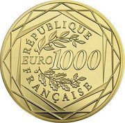 France 1000 Euro Rooster. 3rd Type 2016  In Set RÉPUBLIQUE EURO 1000 FRANÇAISE coin obverse France 1000 Euro Rooster. 3rd Type 2016  In Set RÉPUBLIQUE EURO 1000 FRANÇAISE coin obverse
