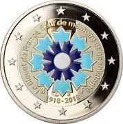 France 2 Euro 100th Anniversary of the End of the First World War. Coloured 2018  Proof KM# 2458.1 LE BLEUET DE FRANCE, FLEUR DE MÉMOIRE ET DE SOLIDARITÉ R F 1918 - 2018 coin obverse France 2 Euro 100th Anniversary of the End of the First World War. Coloured 2018  Proof KM# 2458.1 LE BLEUET DE FRANCE, FLEUR DE MÉMOIRE ET DE SOLIDARITÉ R F 1918 - 2018 coin obverse