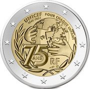 France 2 Euro 75 Years of UNICEF 2021 BU coincard KM# 2944 UNICEF 1946-2021 POUR CHAQUE ENFANT 75 ANS RF coin obverse France 2 Euro 75 Years of UNICEF 2021 BU coincard KM# 2944 UNICEF 1946-2021 POUR CHAQUE ENFANT 75 ANS RF coin obverse