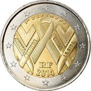 France 2 Euro World AIDS Day 2014  1ER DÉCEMBRE JOURNÉE MONDIALE CONTRE LE SIDA RF 2014 coin obverse France 2 Euro World AIDS Day 2014  1ER DÉCEMBRE JOURNÉE MONDIALE CONTRE LE SIDA RF 2014 coin obverse