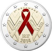 France 2 Euro World AIDS Day. Coloured 2014  legal tender despite colour (proof) 1ER DECEMBRE JOURNEE MONDIALE CONTRE LE SIDA RF 2014 coin obverse France 2 Euro World AIDS Day. Coloured 2014  legal tender despite colour (proof) 1ER DECEMBRE JOURNEE MONDIALE CONTRE LE SIDA RF 2014 coin obverse