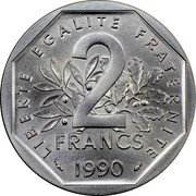 France 2 Francs The Sower 1990 KM# P1019 REPUBLIQUE FRANÇAISE D'APRÈS O. ROTY coin reverse France 2 Francs The Sower 1990 KM# P1019 REPUBLIQUE FRANÇAISE D'APRÈS O. ROTY coin reverse