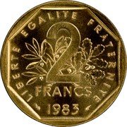 France 2 Francs KM# P776 Modern Republic LIBERTE EGALITE FRATERNITE 2 FRANCS 1983 coin obverse France 2 Francs KM# P776 Modern Republic LIBERTE EGALITE FRATERNITE 2 FRANCS 1983 coin obverse