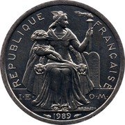 France 2 Francs (Liberty. New Caledonia) KM# 14 REPUBLIQUE FRANÇAISE I E O M G.B.BAZOR 1989 coin obverse France 2 Francs (Liberty. New Caledonia) KM# 14 REPUBLIQUE FRANÇAISE I E O M G.B.BAZOR 1989 coin obverse