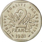 France 2 Francs (Piedfort) KM# P703 LIBERTE EGALITE FRATERNITE 2 FRANCS 1981 coin reverse France 2 Francs (Piedfort) KM# P703 LIBERTE EGALITE FRATERNITE 2 FRANCS 1981 coin reverse
