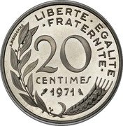 France 20 Centimes (Marianne Piedfort) LIBERTE EGALITE FRATERNITE 20 CENTIMES 1971 A. DIEUDONNE coin reverse France 20 Centimes (Marianne Piedfort) LIBERTE EGALITE FRATERNITE 20 CENTIMES 1971 A. DIEUDONNE coin reverse