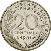 France 20 Centimes (Piedfort) KM# P693 20 CENTIMES 1981 A. DIEUDONNÉ LIBERTE EGALITE FRATERNITE coin obverse France 20 Centimes (Piedfort) KM# P693 20 CENTIMES 1981 A. DIEUDONNÉ LIBERTE EGALITE FRATERNITE coin obverse