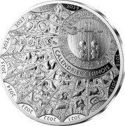 France 20 Euro Year of the Tiger 2022 Proof KM# 3099 RF 20 EURO CALENDRIER CHINOIS 2018 2019 2020 2021 2022 2023 2024 2025 2026 2027 2028 2029 coin obverse France 20 Euro Year of the Tiger 2022 Proof KM# 3099 RF 20 EURO CALENDRIER CHINOIS 2018 2019 2020 2021 2022 2023 2024 2025 2026 2027 2028 2029 coin obverse