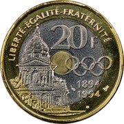 France 20 Francs (Essai - Pierre de Coubertin) KM# E146 20 F 1894 1994 LIBERTÉ - ÉGALITÉ - FRATERNITÉ coin reverse France 20 Francs (Essai - Pierre de Coubertin) KM# E146 20 F 1894 1994 LIBERTÉ - ÉGALITÉ - FRATERNITÉ coin reverse