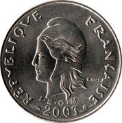 France 20 Francs (Marianne. New Caledonia) KM# 12 RÉPUBLIQUE FRANÇAISE R JOLY I E O M 2003 coin obverse France 20 Francs (Marianne. New Caledonia) KM# 12 RÉPUBLIQUE FRANÇAISE R JOLY I E O M 2003 coin obverse