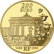 France 200 Euro 20th Anniv. of the Fall of the Berlin Wall) 2009 P Proof KM# 1593 200 EURO 1989 RF 2009 coin obverse