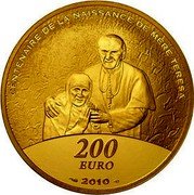 France 200 Euro Mother Teresa 2010 Proof KM# 1693 CENTENAIRE DE LA NAISSANCE DE MÈRE TERESA 200 EURO 2010 coin reverse France 200 Euro Mother Teresa 2010 Proof KM# 1693 CENTENAIRE DE LA NAISSANCE DE MÈRE TERESA 200 EURO 2010 coin reverse
