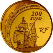 France 200 Euro Jacques Cartier 2011 Proof KM# 1797 LA GRANDE HERMINE 200 EURO RF coin obverse France 200 Euro Jacques Cartier 2011 Proof KM# 1797 LA GRANDE HERMINE 200 EURO RF coin obverse