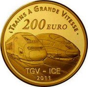 France 200 Euro Metz Railway Station 2011 Proof KM# 1818 TRAINS À GRANDE VITESSE 200 EURO TGV - ICE 2011 coin reverse France 200 Euro Metz Railway Station 2011 Proof KM# 1818 TRAINS À GRANDE VITESSE 200 EURO TGV - ICE 2011 coin reverse