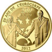 France 200 Euro 20 Years of Eurocorps 2012 (a) Proof KM# 1853 20 ANS DE L'EUROCORPS 200 EURO RF 2012 coin obverse France 200 Euro 20 Years of Eurocorps 2012 (a) Proof KM# 1853 20 ANS DE L'EUROCORPS 200 EURO RF 2012 coin obverse